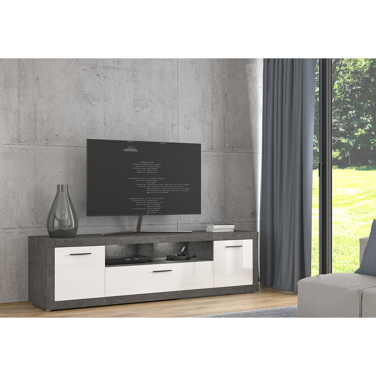 Lowboard - Betonoptik - weiß - 213 cm breit