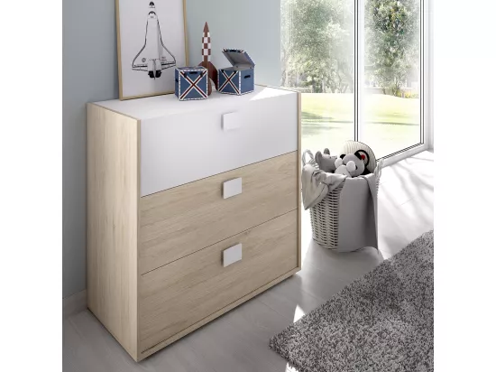 Ensemble chambre à coucher pour enfant complète ( lit enfant 190x90 cm avec 2 tiroirs + table de chevet + commode ) coloris blanc, chêne naturel