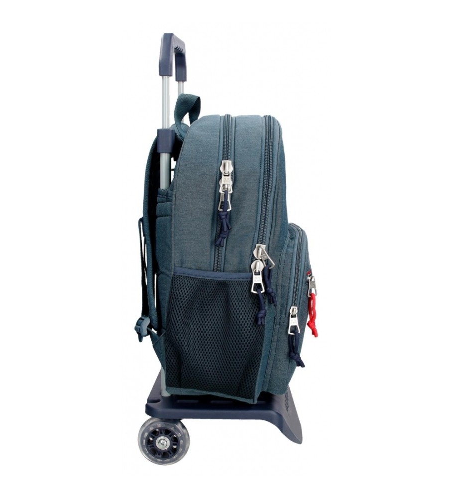 Mochila Pepe Jeans Kay 40cm, dois compartimentos com rodinhas, azul escuro