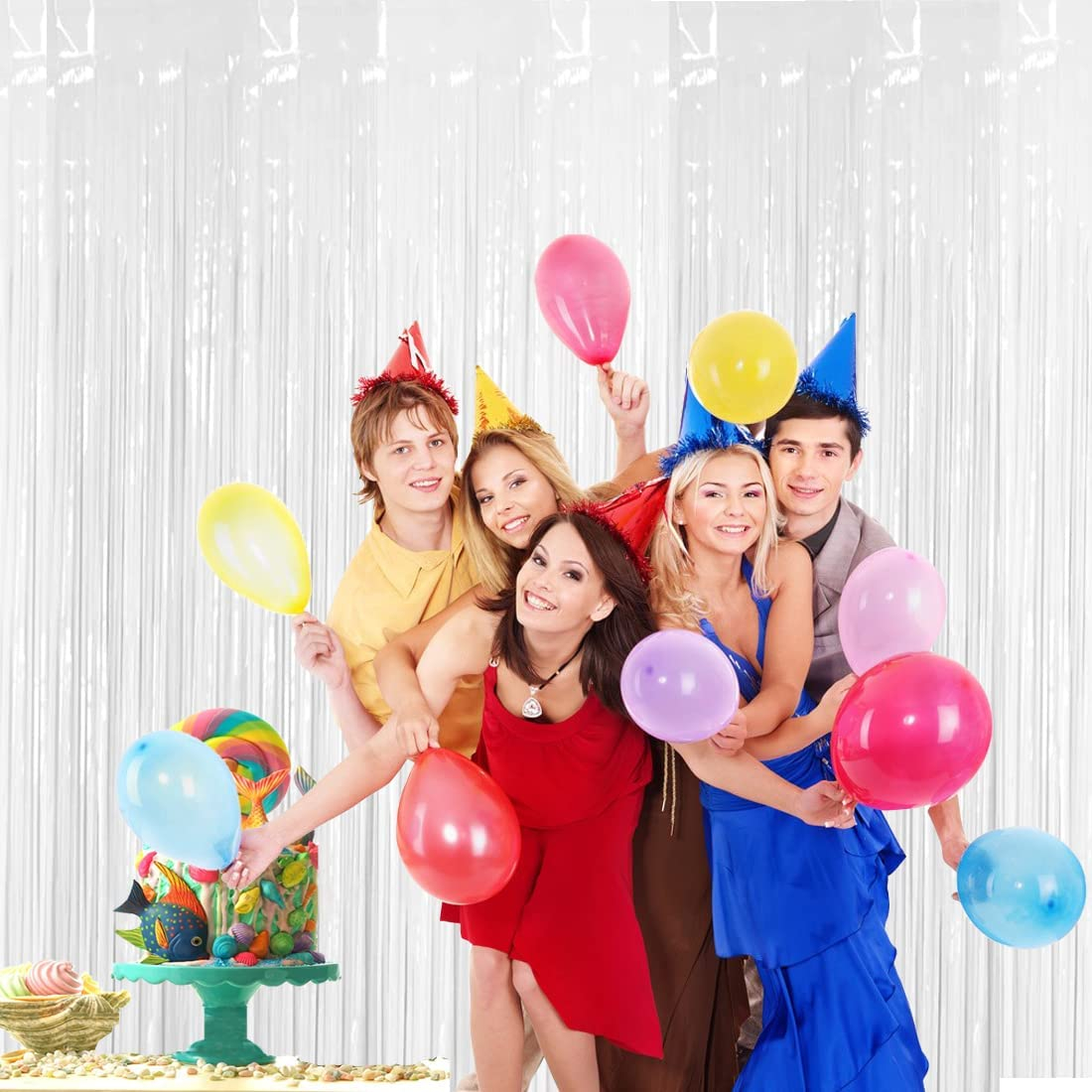 (245x92cm) Party Deko Lametta Vorhang Glänzender Fransen Vorhang Foto Hintergrund - Weiss