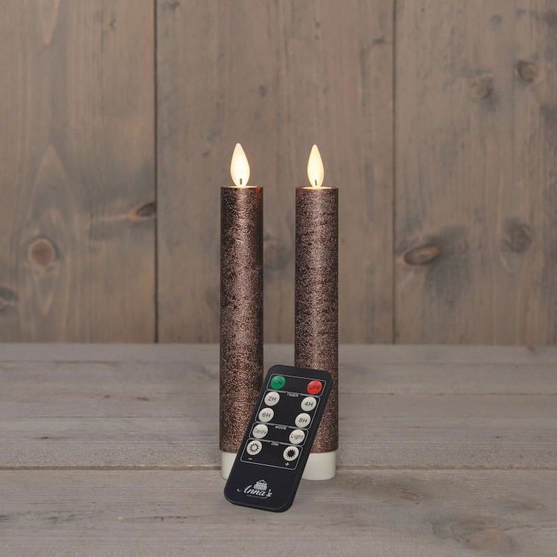 Anna's Collection - Dinerkaars - Brons - Wax LED met Bewegende Vlam - 2 Stuks - 18 cm