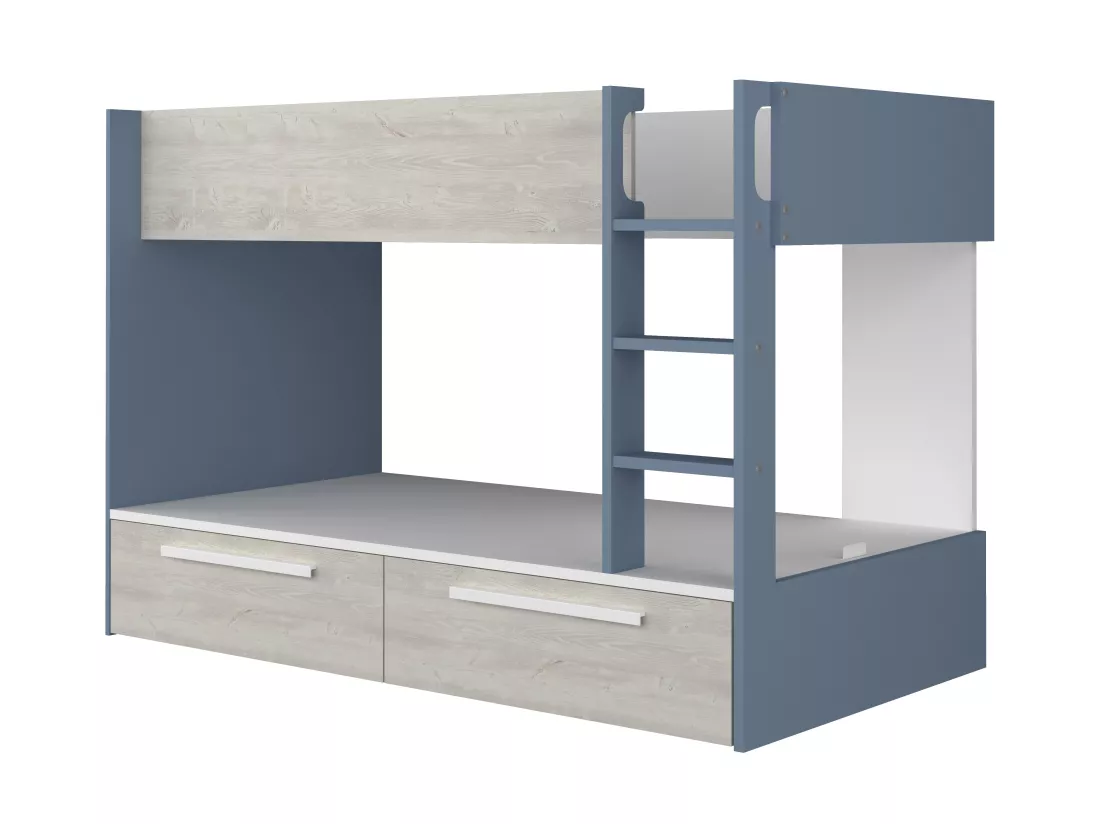 Lits superposés 2 x 90 x 200 cm - 2 tiroirs - Bleu, naturel et blanc - TINOLI