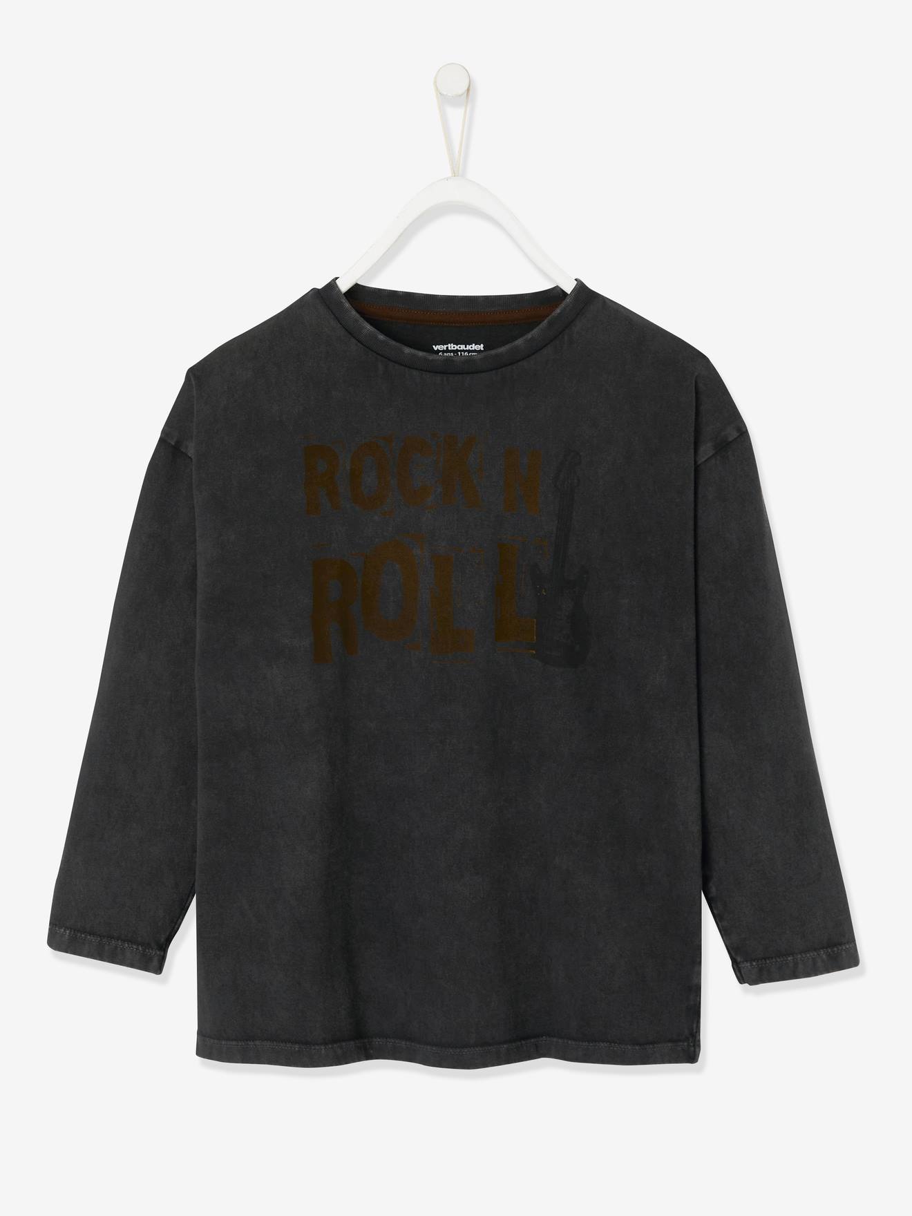 Camiseta infantil masculina lisa cinza médio com estampa de guitarra com efeito vintage.