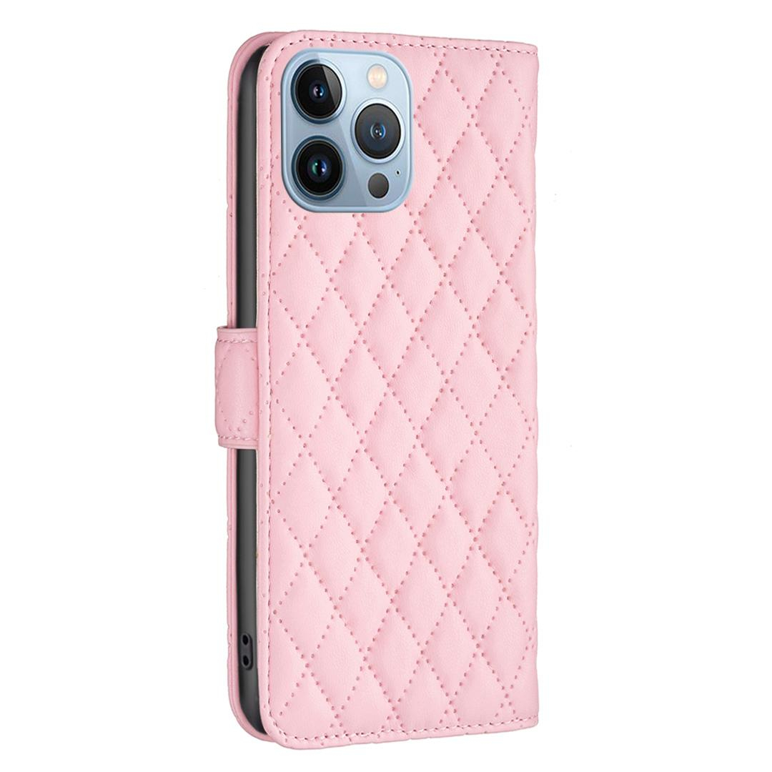 iPhone 13 Pro Leder Tasche Flip Cover Steppmuster - Rosa