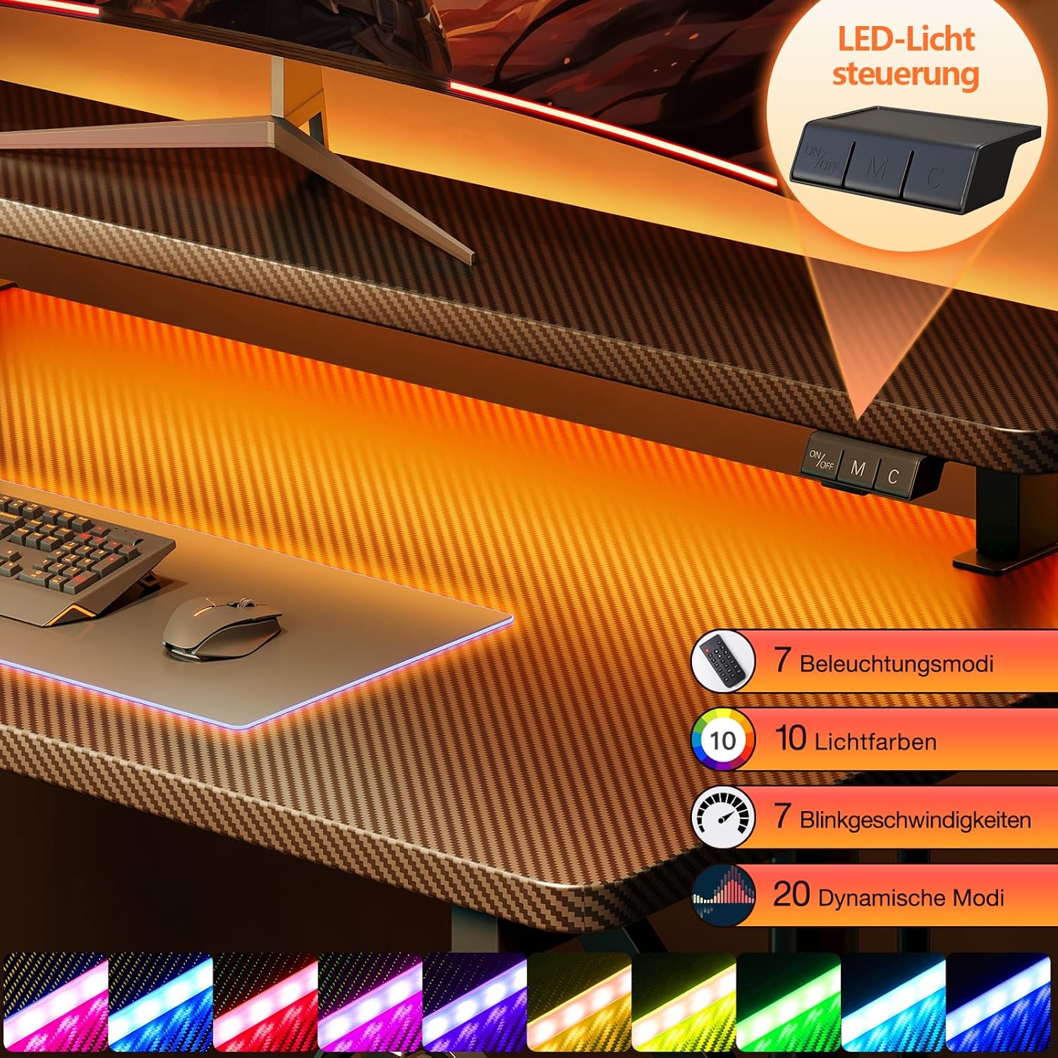 ODK Gaming Tisch, Kleiner Gaming Schreibtisch mit LED Beleuchtung, 80cm Computertisch mit Monitorablage, Carbon Fiber Schwarz PC Gamer Tisch
