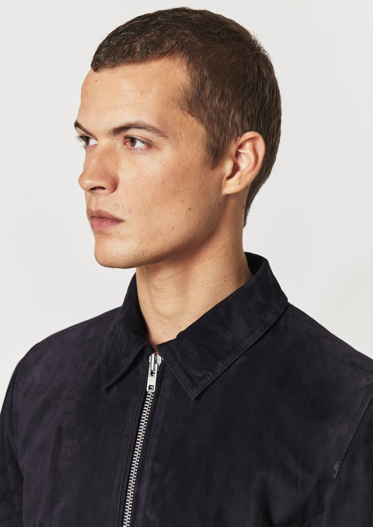 Blouson en cuir nubuck uni bleu marine