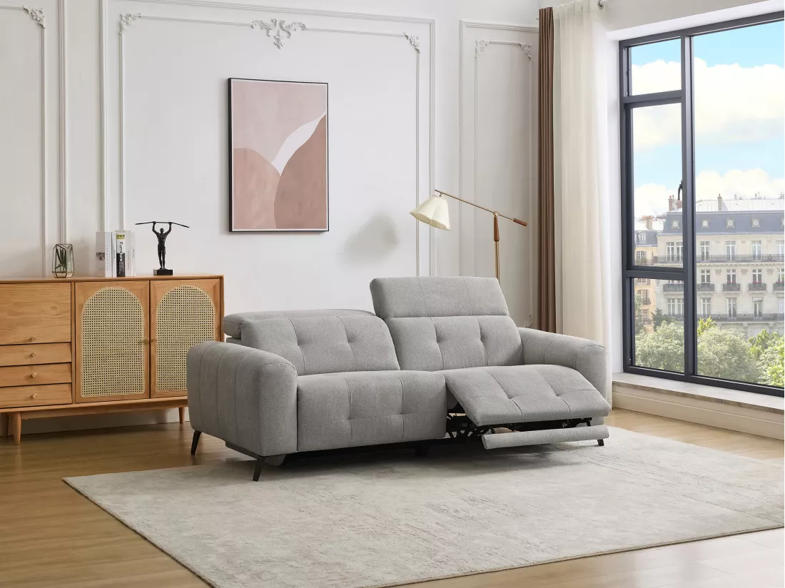 Canapé 3 places relax électrique en tissu gris CLODI