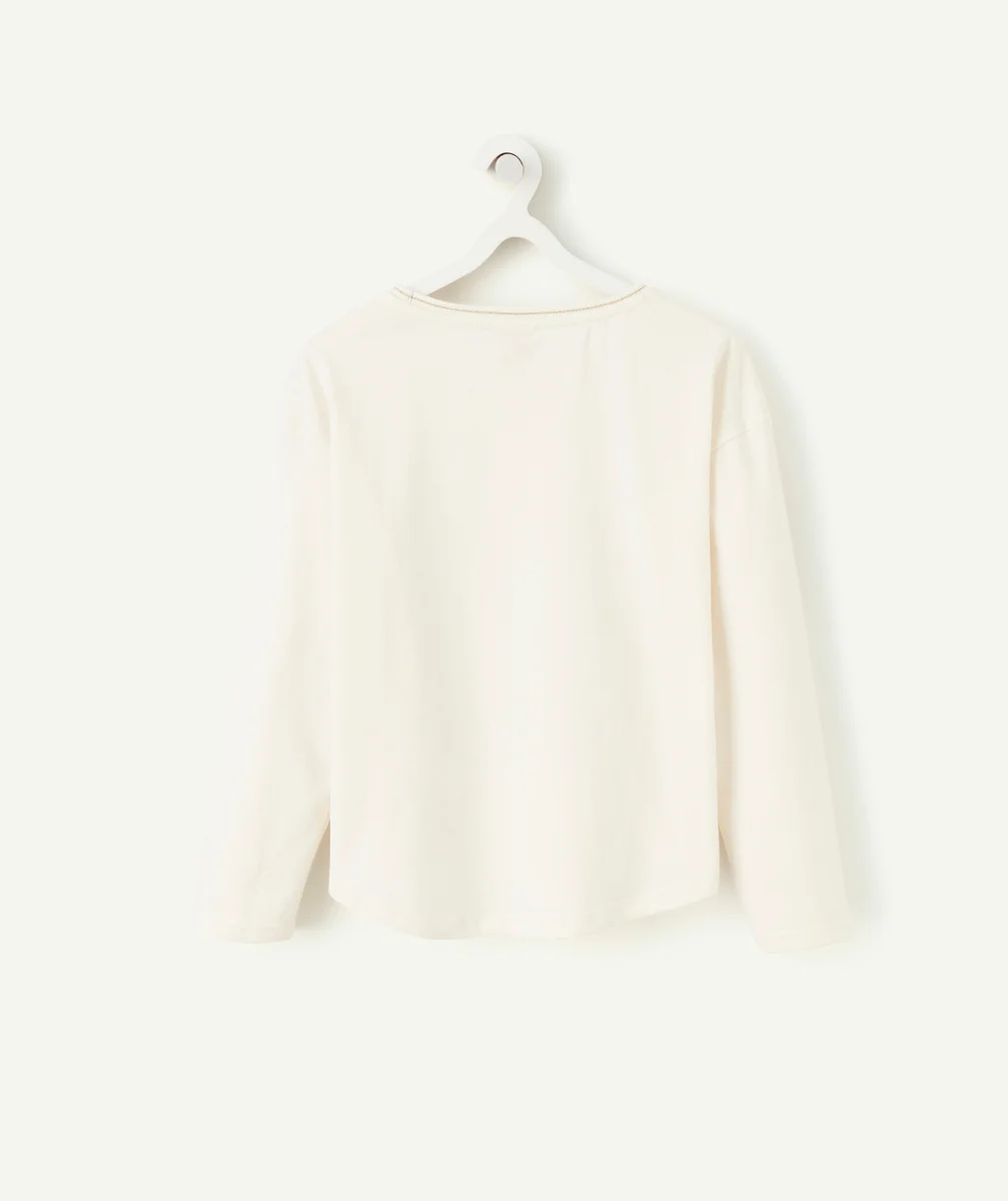 T-SHIRT FILLE EN COTON BIO ÉCRU AVEC LÉOPARD ET MESSAGE