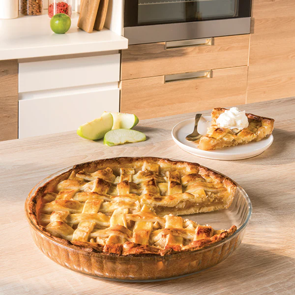 Lot moule à tarte en verre 26,5 cm, pèle pommes et pelle à tarte inox