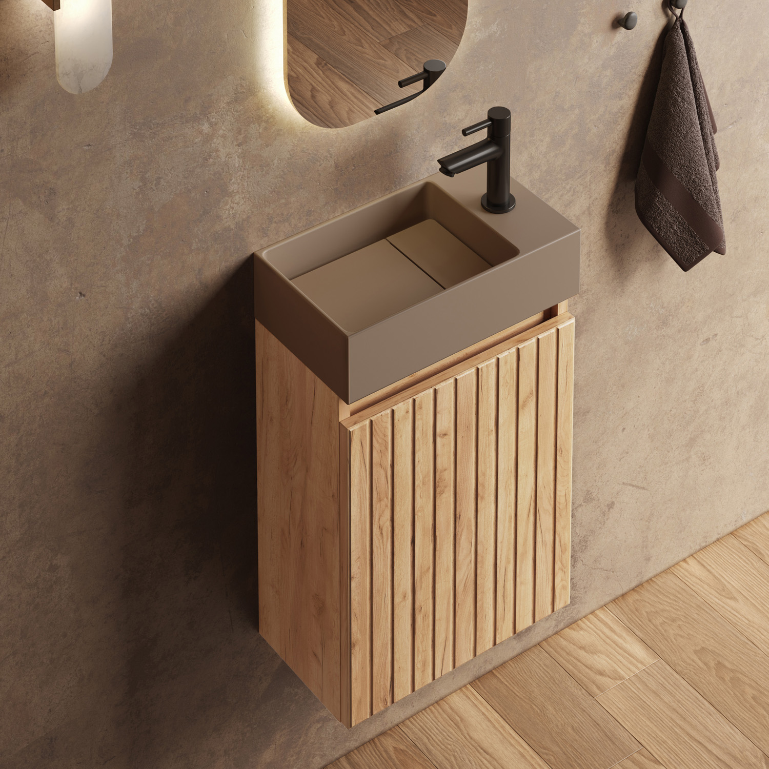 Fontana Itsie toiletmeubel warm eiken ribbelfront 40cm met fontein in mat taupe