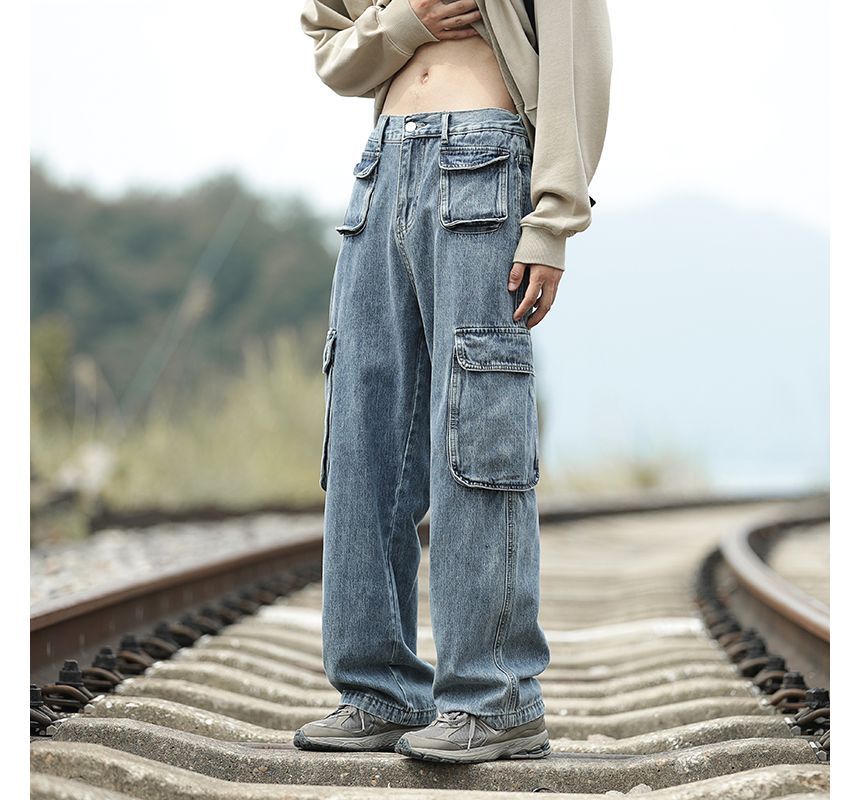 Plummie - Mid Rise Washed Wide Leg Cargo Jeans