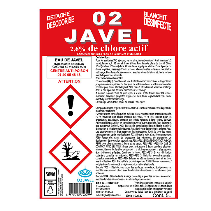 Eau de Javel Ocai 5 L 2,6% de chlore actif