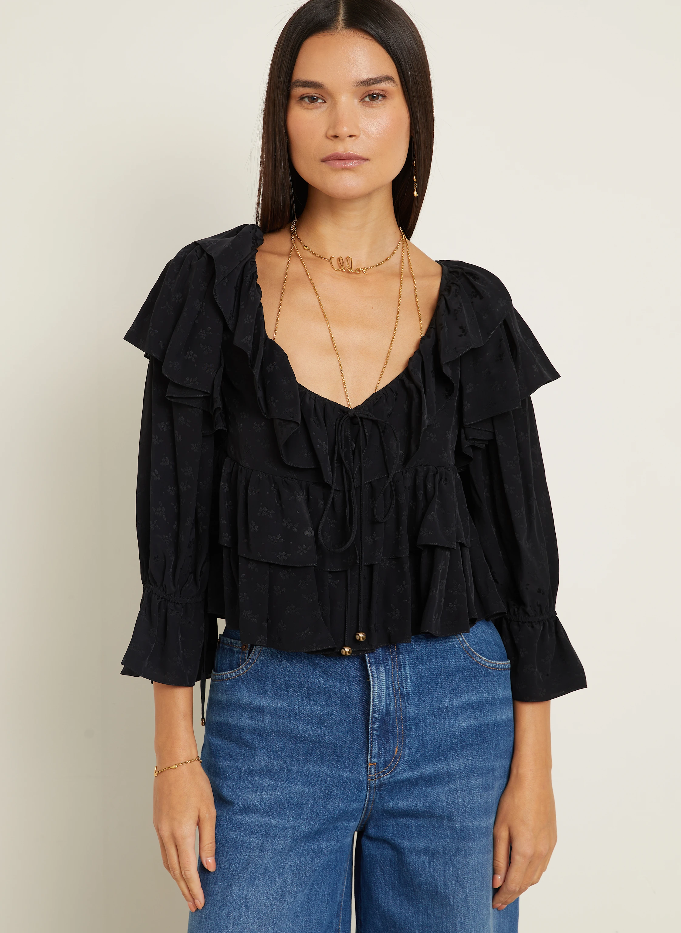 Chloé Cropped-Bluse mit 3/4-Arm und Rüschen