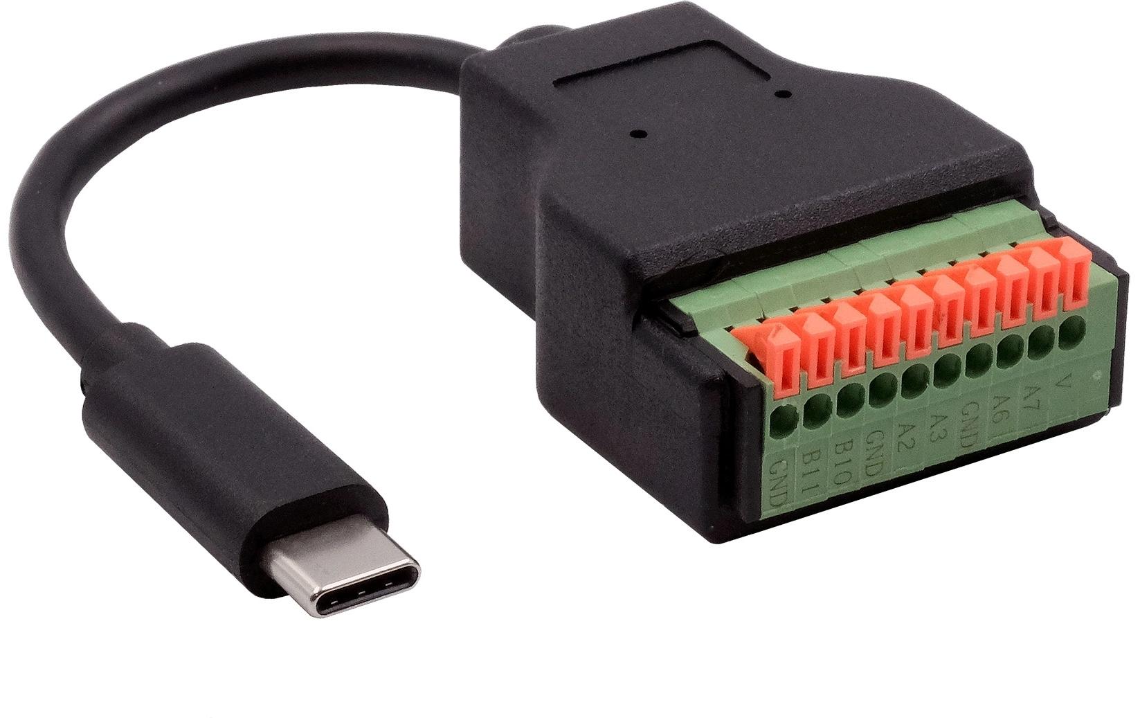 USB 3.1 Adapter USB-C Stecker - Terminalblock 10-pinKabel-Adapter USB-C Stecker zu 10-pin Terminal Block mit Drucktaster, USB 3.2, 15 cm