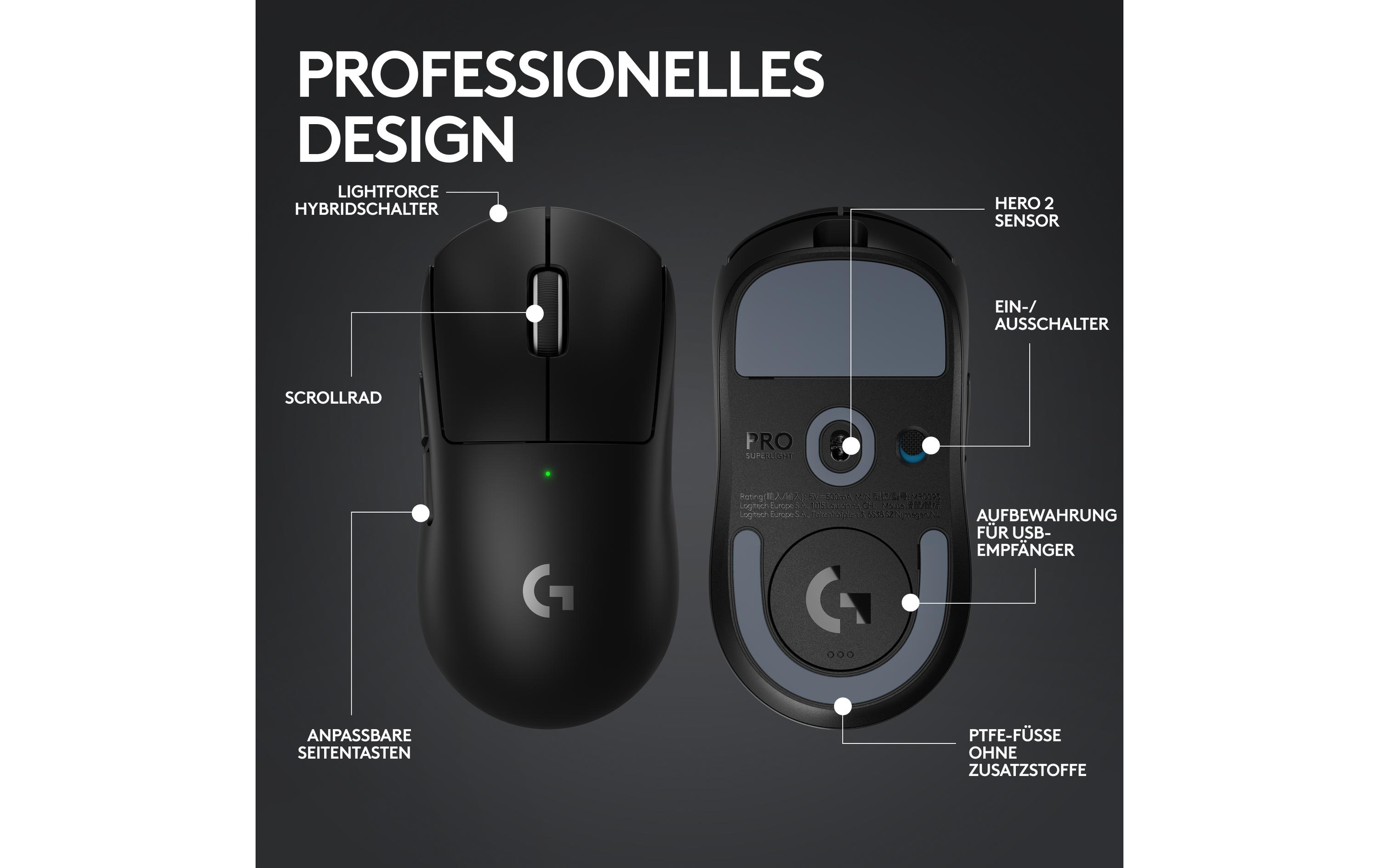 Gaming-Maus Pro X Superlight 2 Lightspeed Schwarz<br>Extrem leichte Gaming-Maus mit leistungsvoller Performance