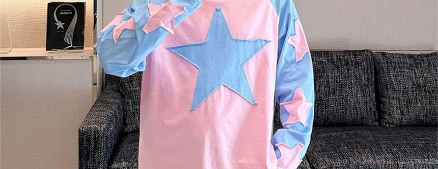 Freehop - T-shirt met lange mouwen, ronde hals en sterrenapplicatie