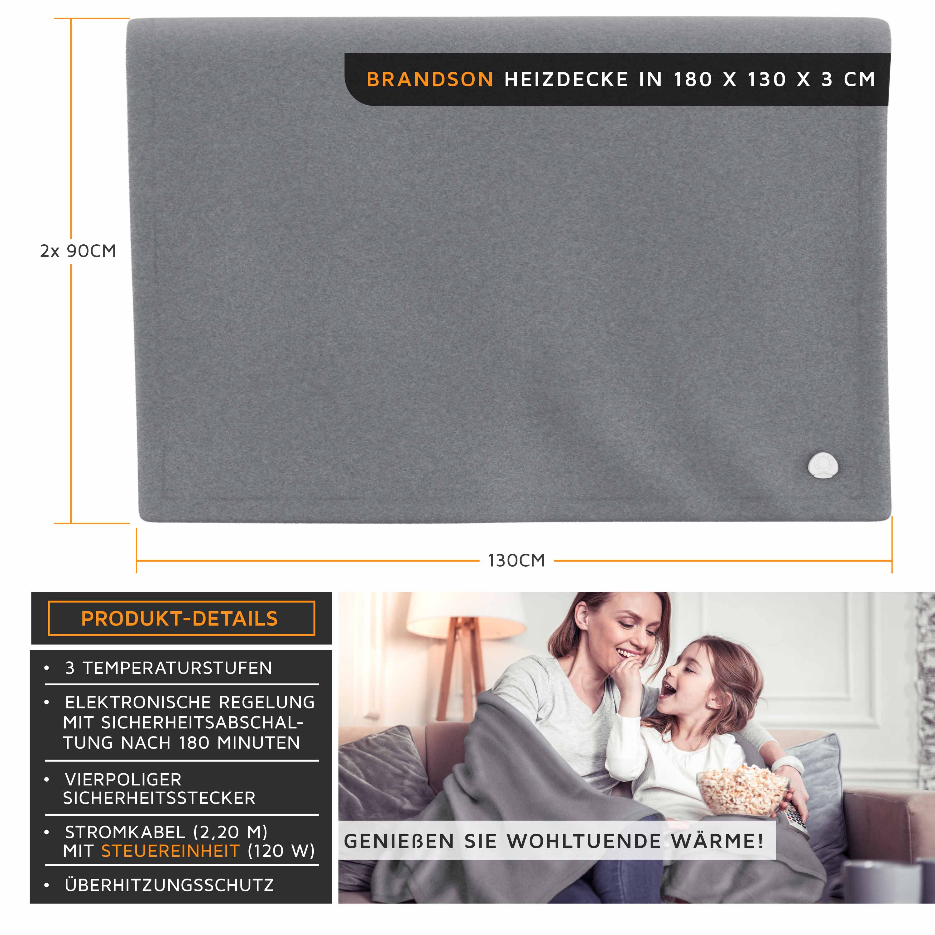 Brandson Heizdecke, elektrische Wärmedecke XXL, 180x130cm, Kuscheldecke mit 3 Temperaturstufen, 120W, Abschaltautomatik, Timerfunktion, Grau