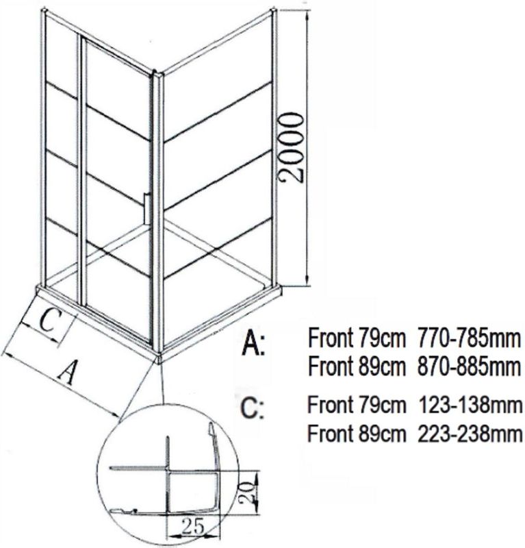 Bws Douchecabine Deur Frame met Vast Paneel 79x200 cm 8 Mm Nano Glas Mat Zwart Raster