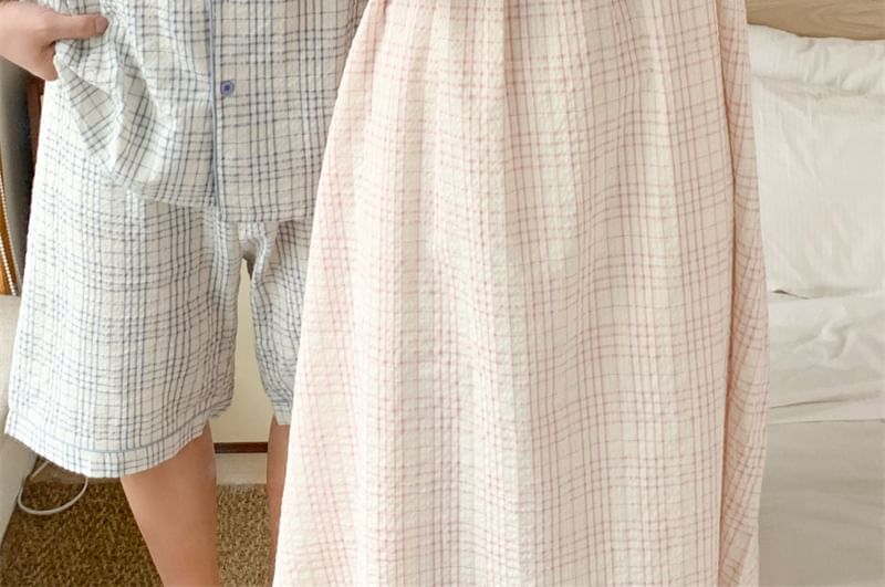 Tanee - Koppel bijpassende spaghettibandjes geruite pyjamajurk / top met korte mouwen / shorts / set