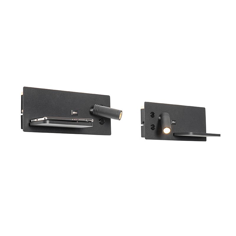 Set van 2 wandlamp zwart incl. LED met USB en inductielader - Riza