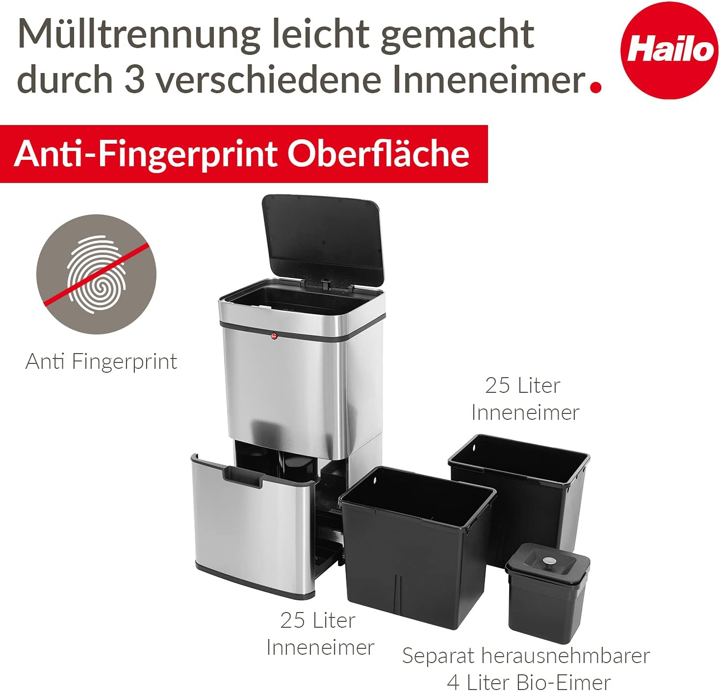 Hailo Öko Vario XL, Mülltrenner, Vollautomatische Deckelöffnung durch Sensortechnik, 50 Liter, 0656-001, Edelstahl, Kunststoff