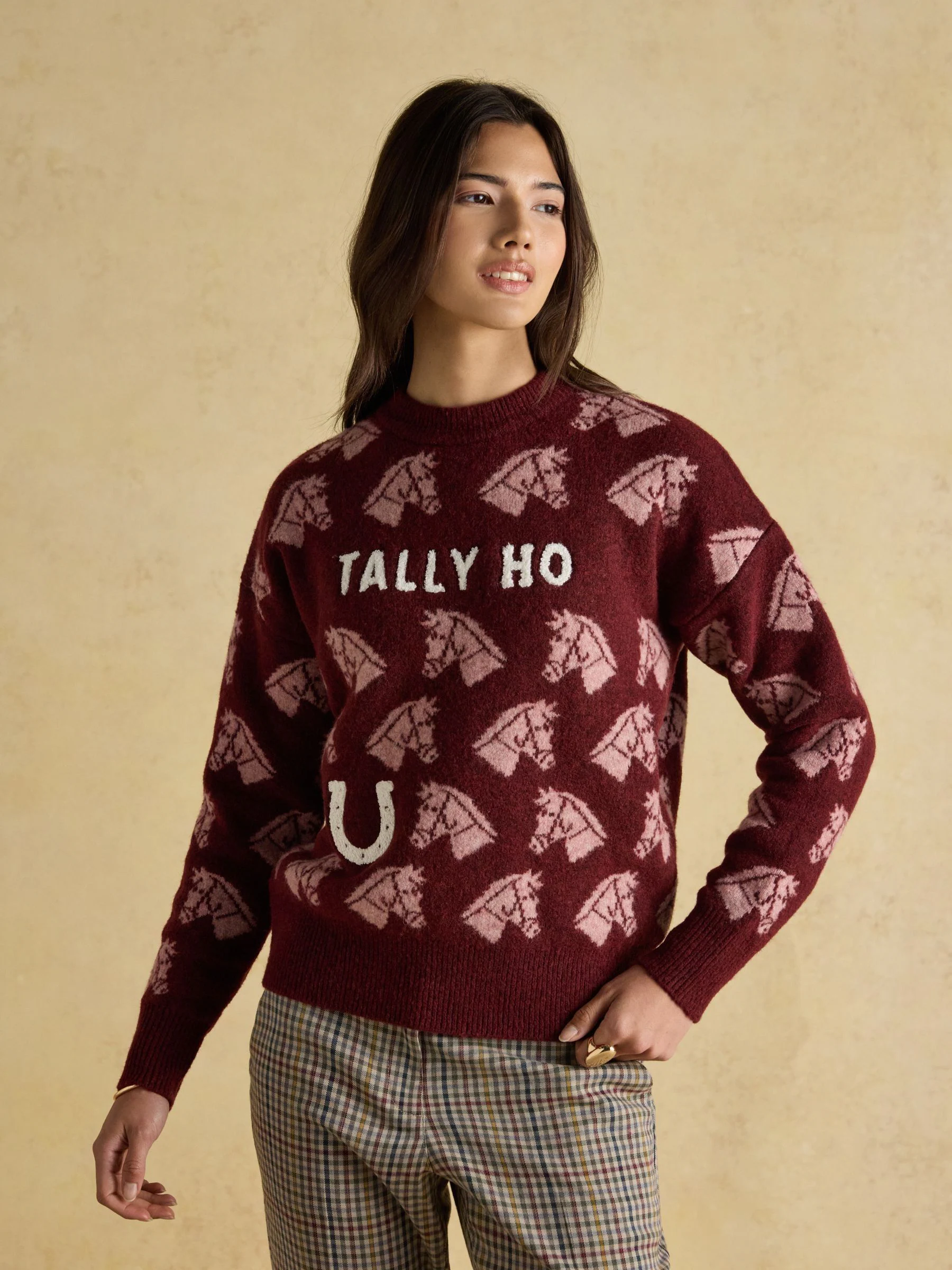 Bourgondisch Tally Ho - Joules Gebreide Trui met Ronde Hals