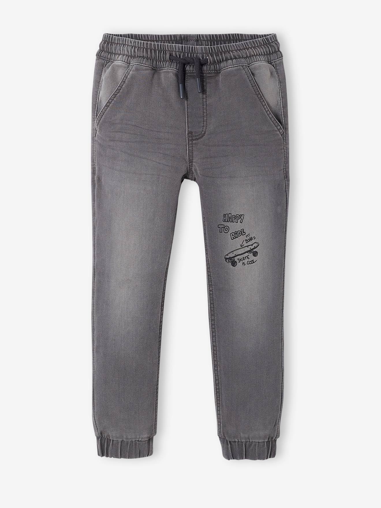 Calças de moletom azul-escuro com efeito fleece, fáceis de vestir, para meninos, com efeito jeans.