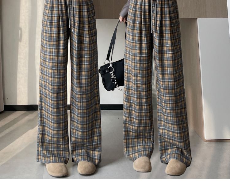 Jaqmine - Geruite broek met hoge taille en wijde pijpen