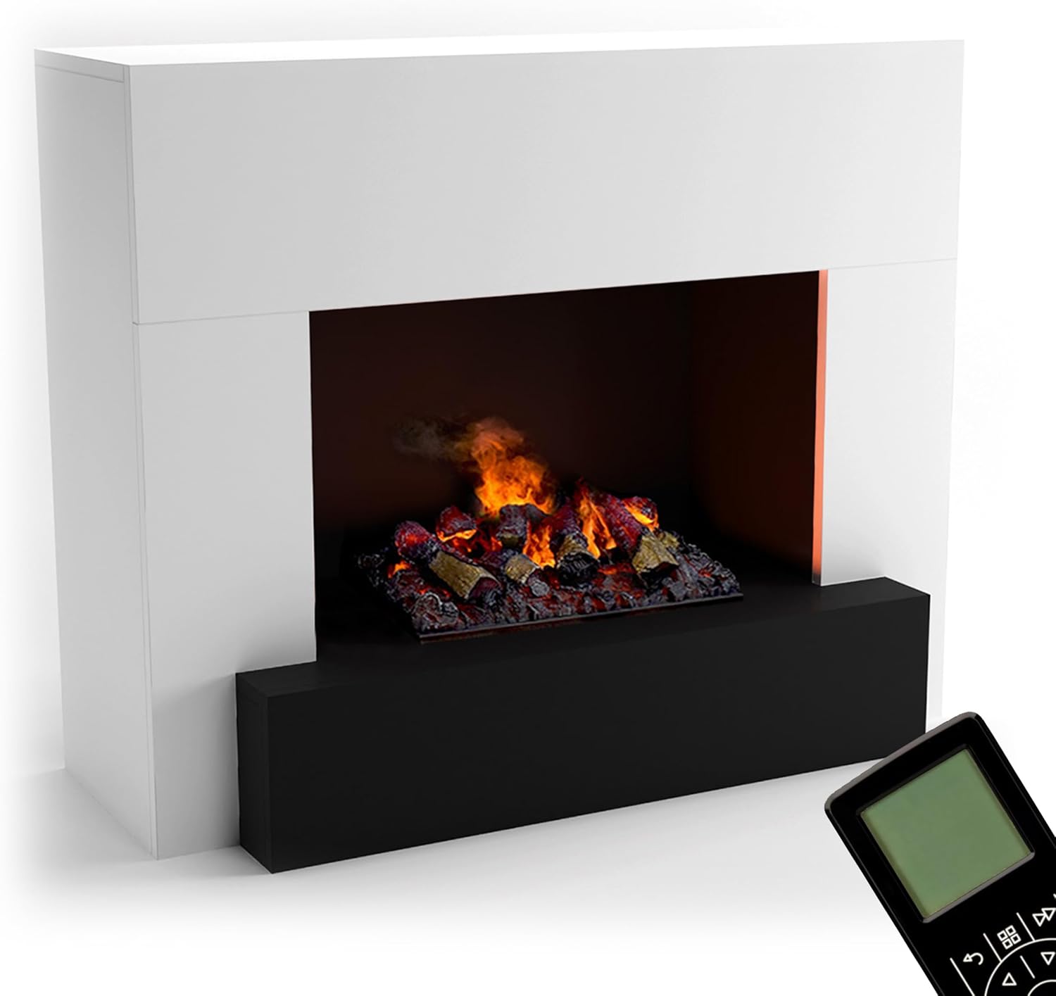 GLOW FIRE Wasserdampf Kamin HAUPTMANN (Standkamin) - Elektrokamin mit realistischen LED 3D-Flammen, Knistereffekt & Fernbedienung, 110x90x45 cm - Opti-Myst 500 Elektro Kamin mit Holz-Deko, Weiß