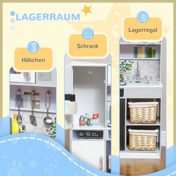 Barnekjøkken lekekjøkken med lys og lyd komfyr, innlagt vann, kaffetrakter, kjøleskap, mikrobølgeovn, ismaskin, kjøkkentilbehør for 3-8 år barn, hvit