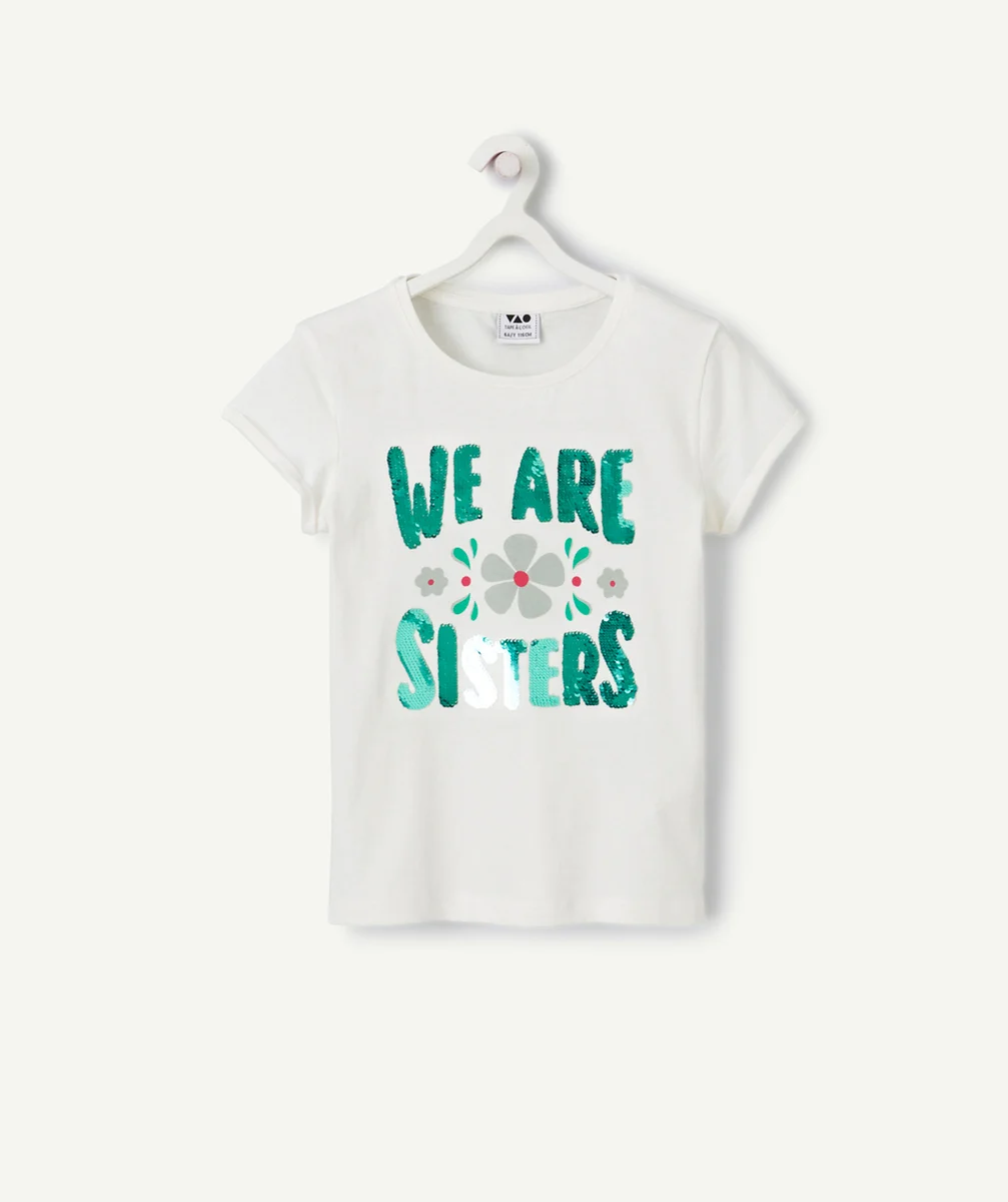T-SHIRT FILLE EN COTON BIO BLANC AVEC MESSAGE EN SEQUINS RÉVERSIBLES