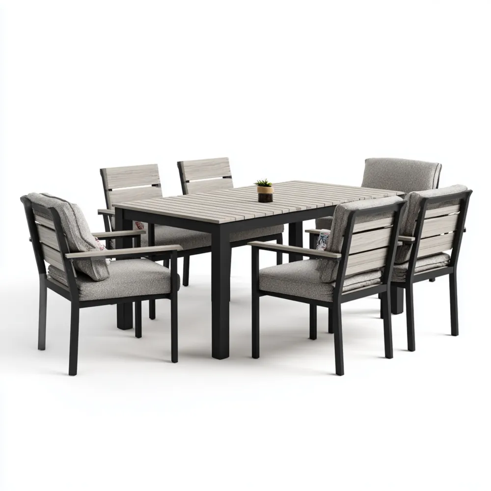 Garten-Esstisch-Set Aluminium-Holz 200x100x75 cm 6 Sitzplätze - Modernes Design Grau/Schwarz