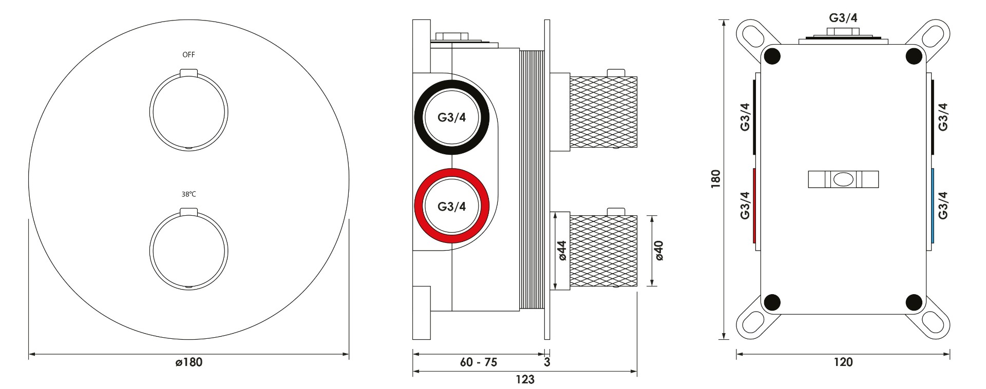 Brauer Gold Carving 3-weg inbouwthermostaat rond messing geborsteld PVD