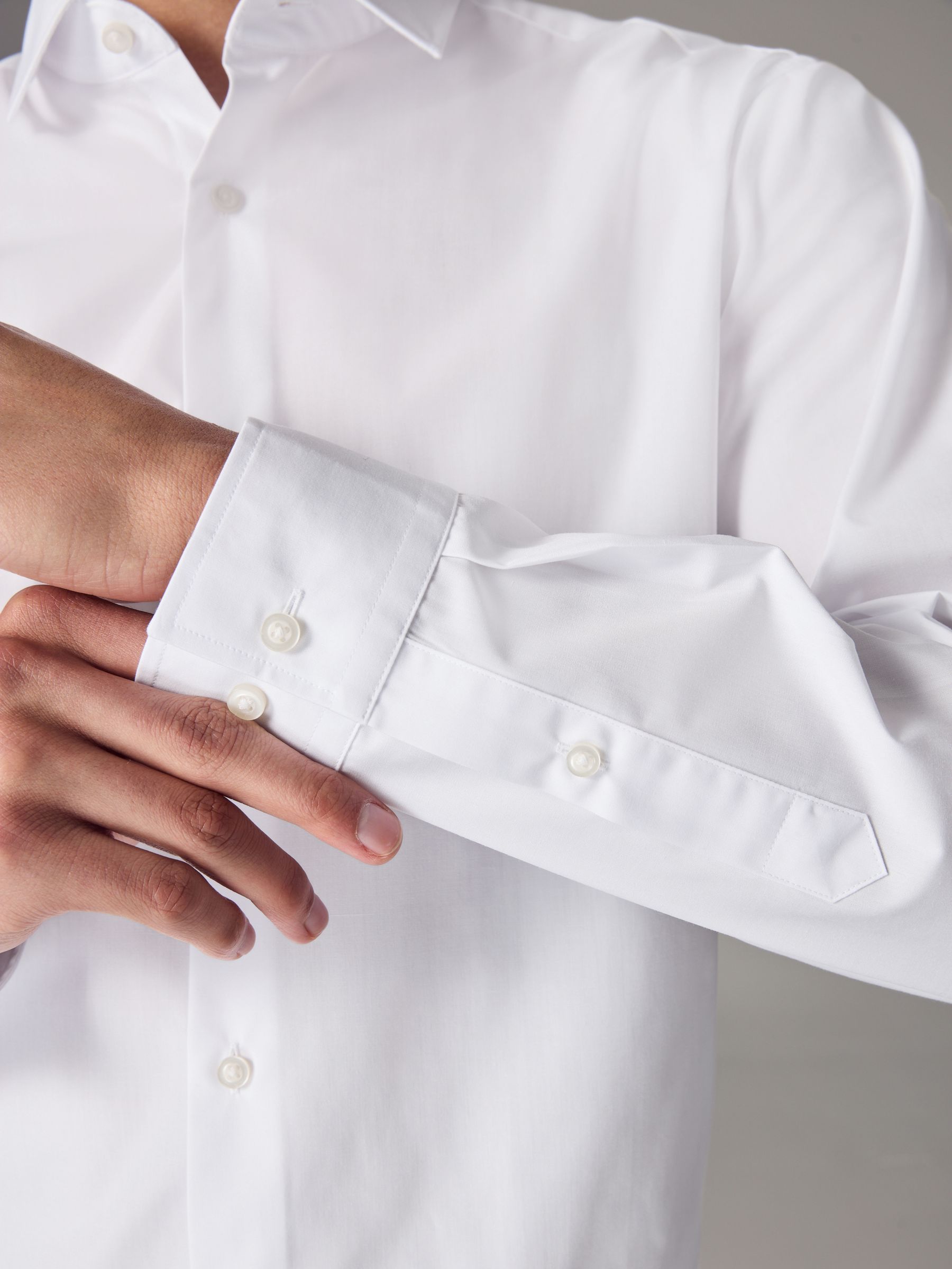 Wit - Slim Fit - Strijkvrij net overhemd met enkele manchet