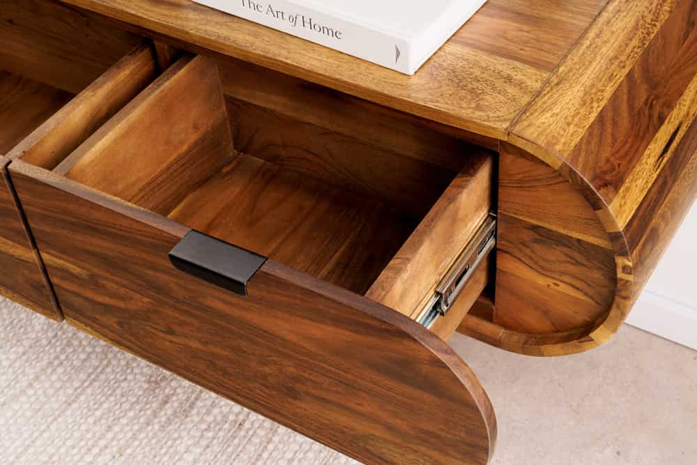 Hängendes TV-Board ORGANIC 160cm braun stone finish Sheeshamholz massiv mit Schubladen