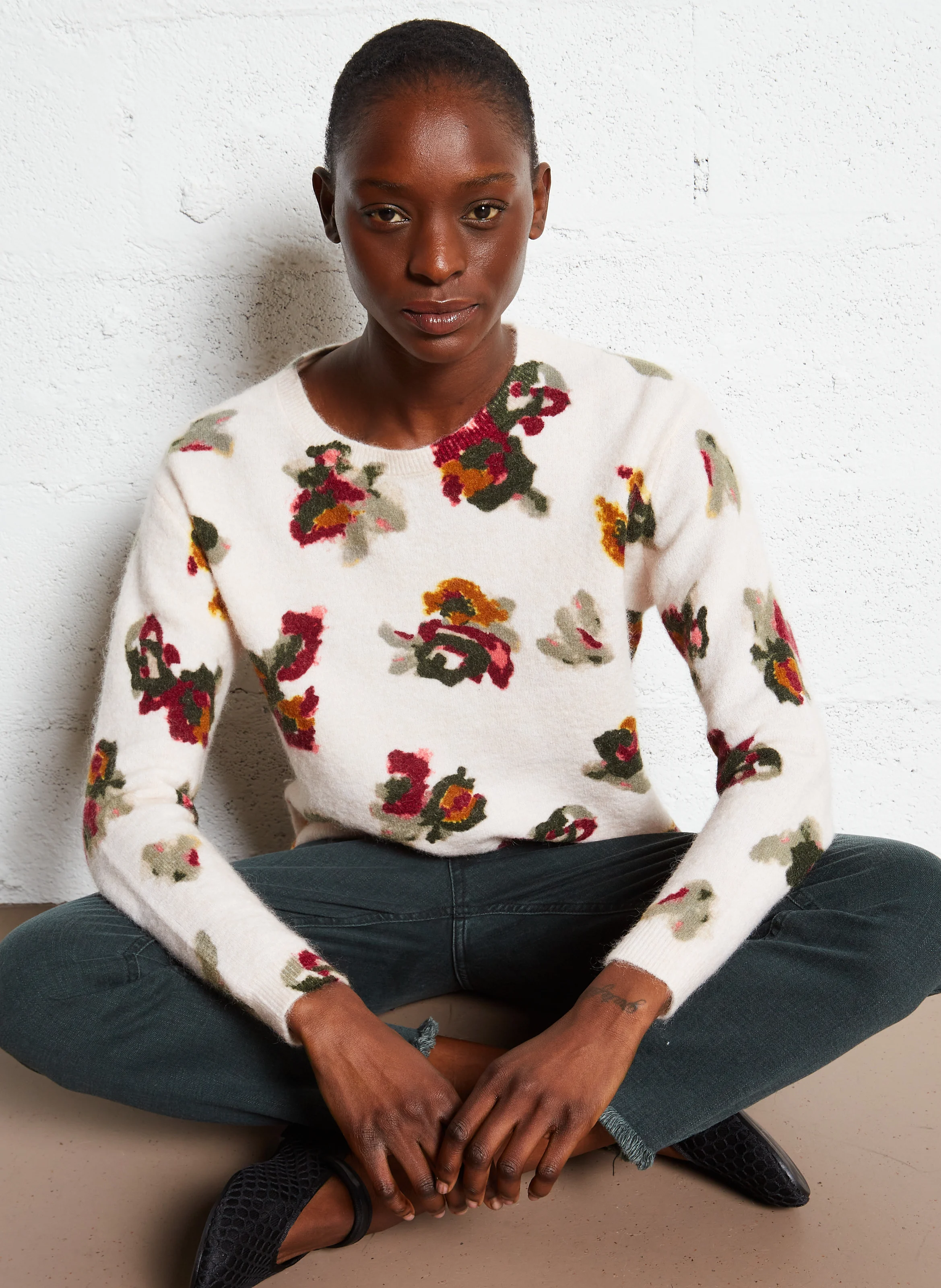 MARIKA - Pull droit col rond en laine mélangée | Blanc