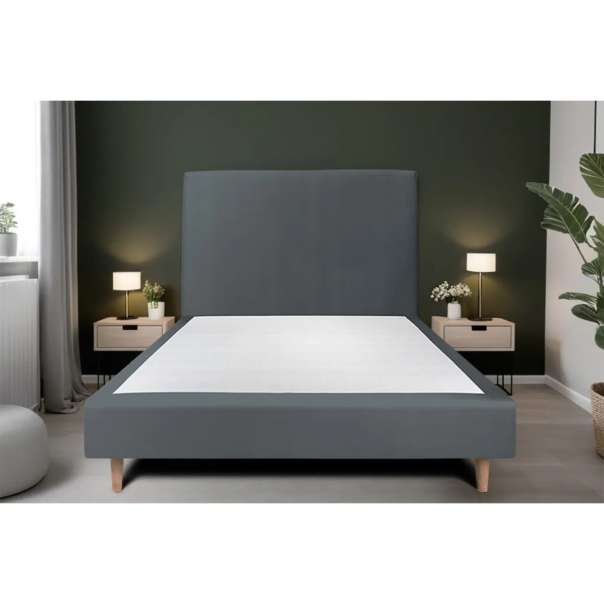 Sommeil de plomb Lit 150x200cm - Tête de lit tapissier velours - Sommier tapissier gris anthracite