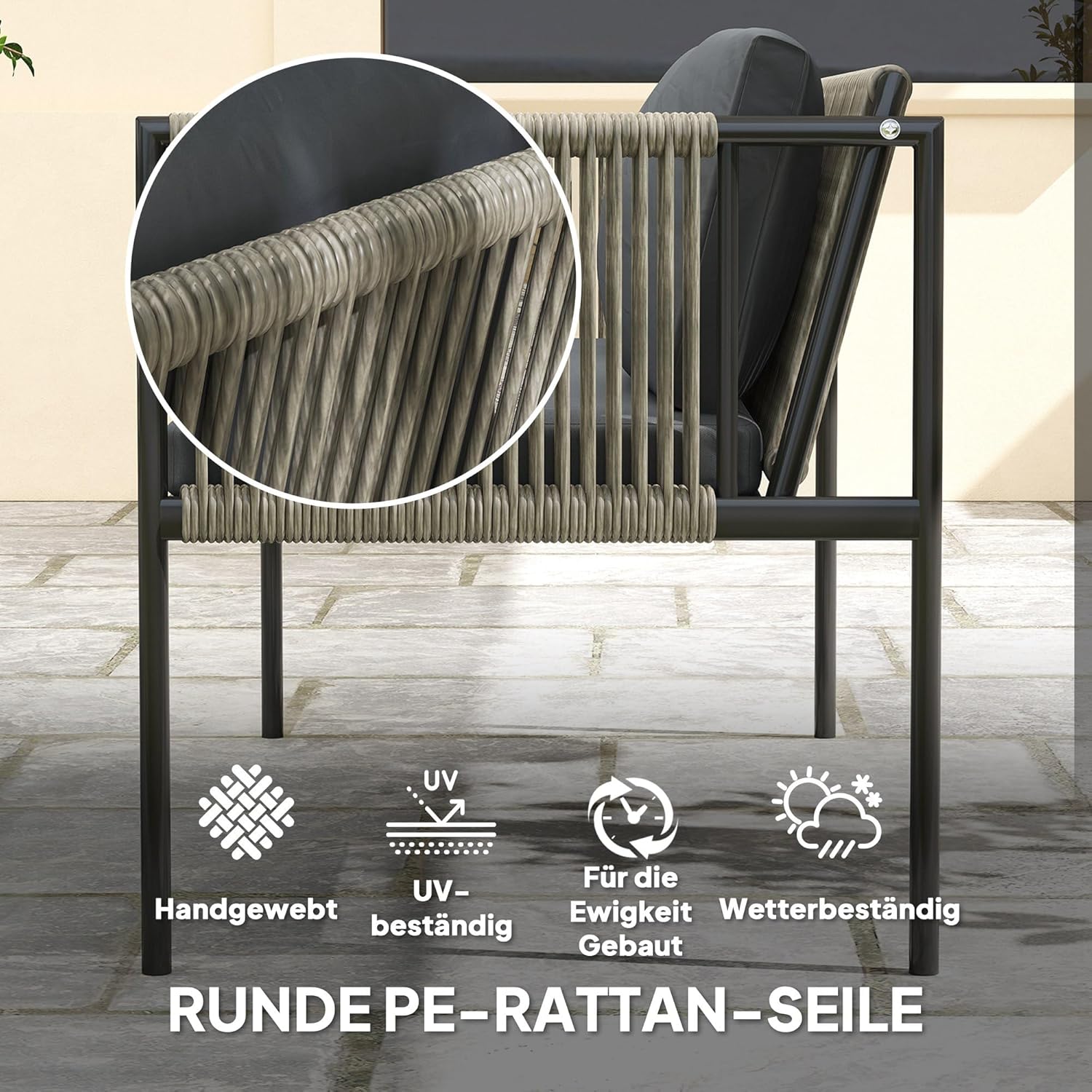 Outsunny Gartenmöbel Set aus Polyrattan Lounge-Set mit 2er Sofa Sessel Glastisch Kissen wetterfest Balkonmöbel für 4 Personen Outdoor Sitzgruppe Terrassenmöbel für Garten Balkon Grau