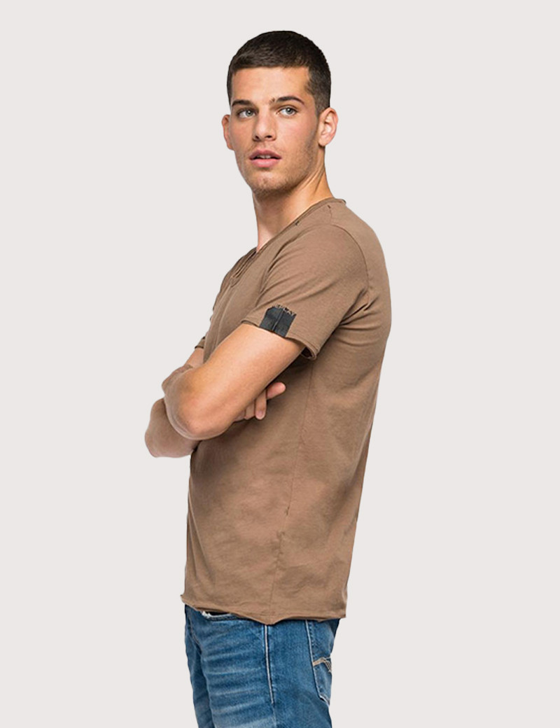 REPLAY T-SHIRT COL V COTON CIGAR