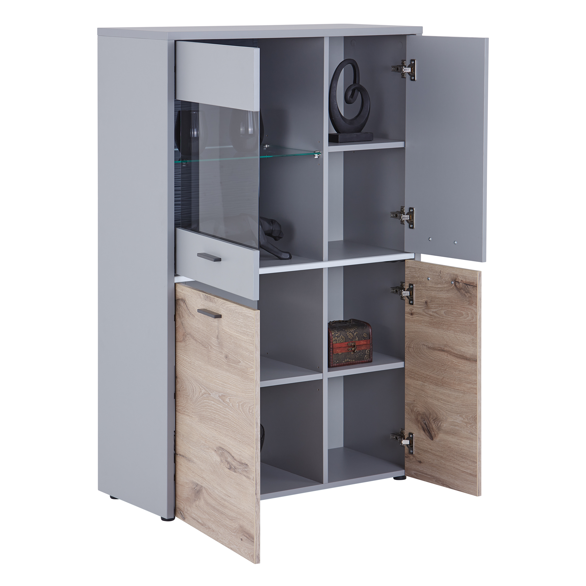 Highboardvitrine DYNAMIC - Nox Oak-hellgrau - mit Beleuchtung
