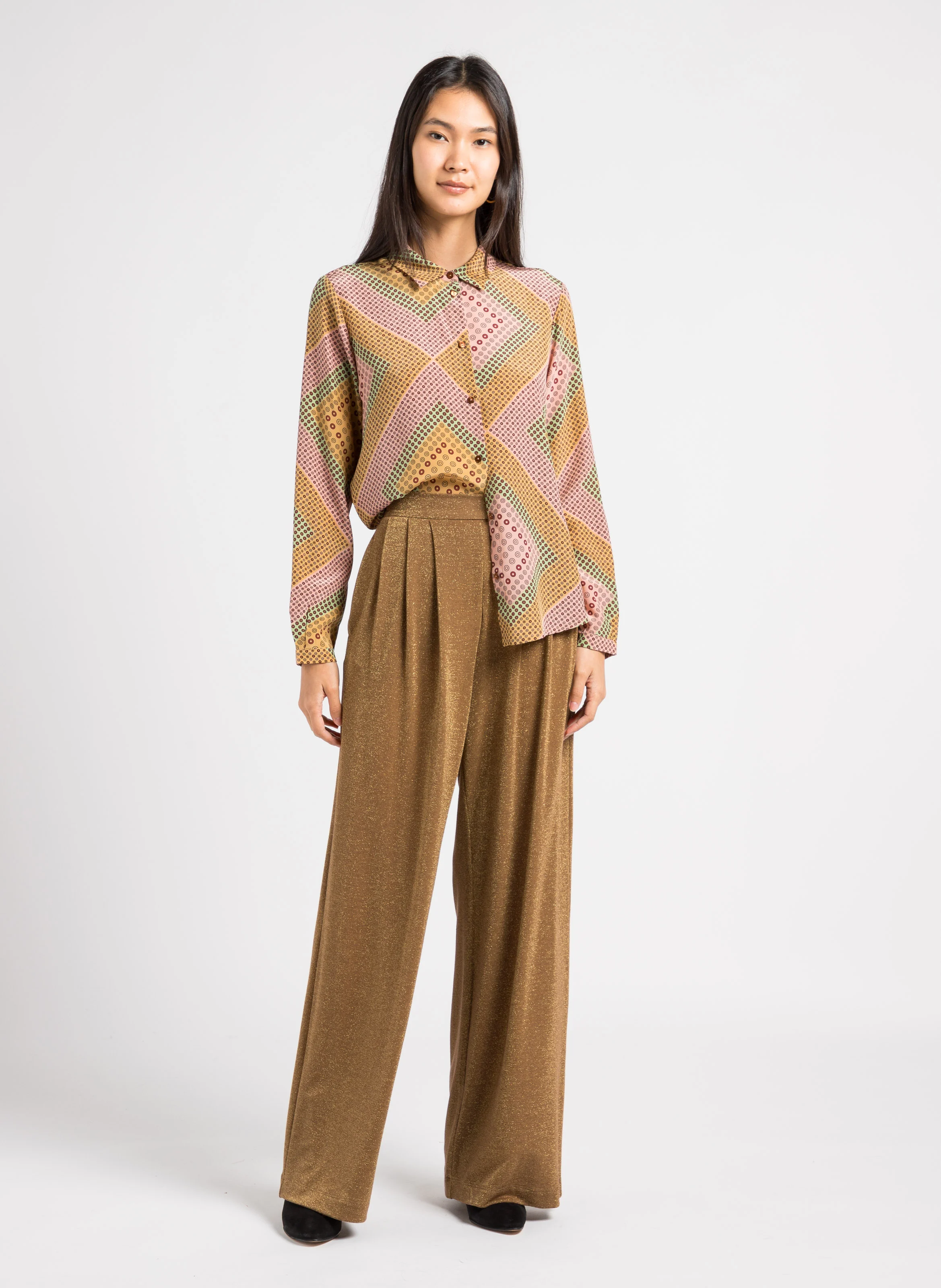 Chemise imprimée col classique en soie| Beige