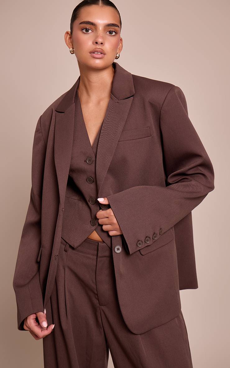 Marron Foncé Blazer Dad Oversize Ajusté En Tissu Tissé Coordonné