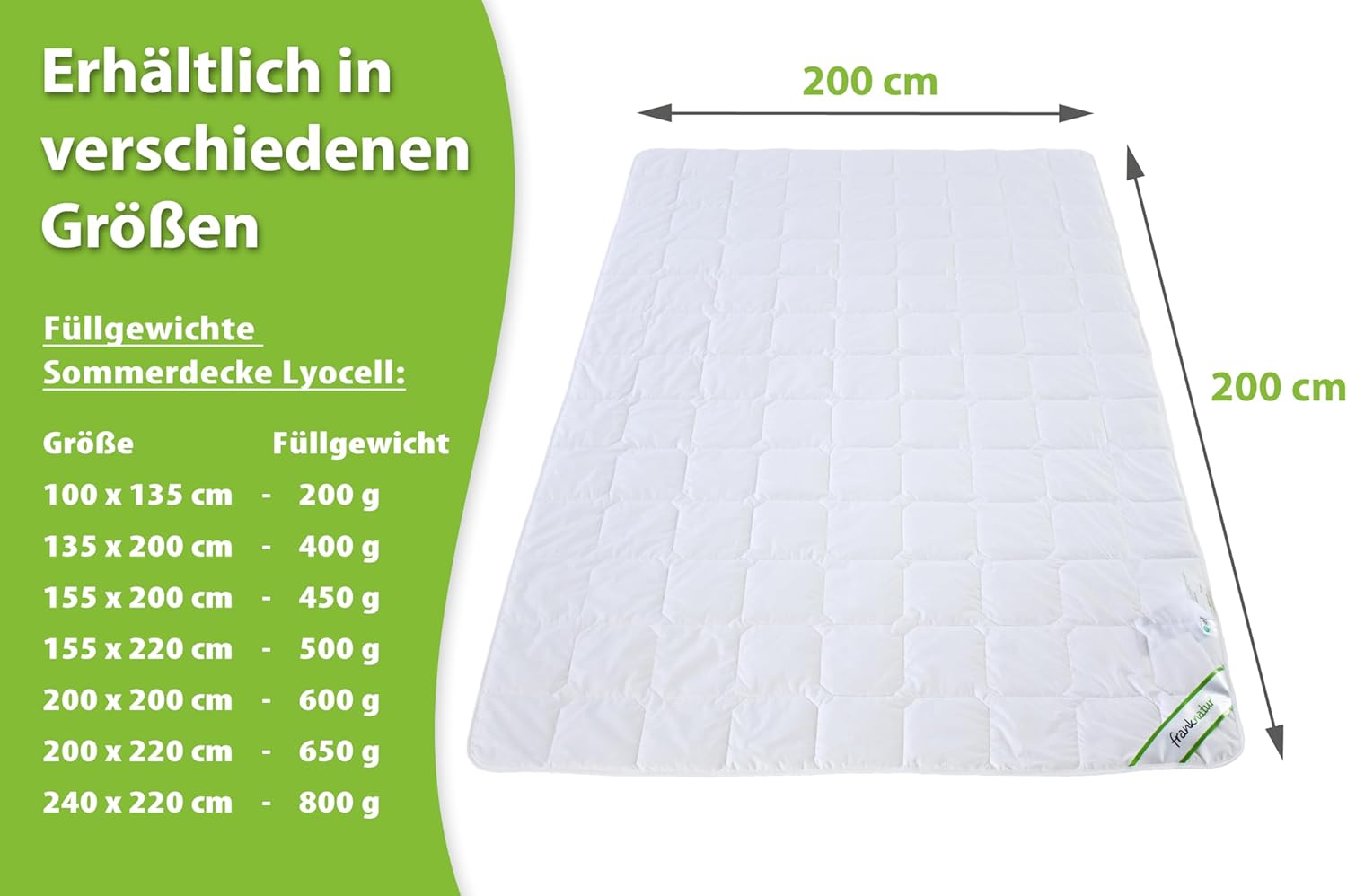 franknatur Sommerdecke Lyocell Tencel Bettdecke 200x200 Baumwolle