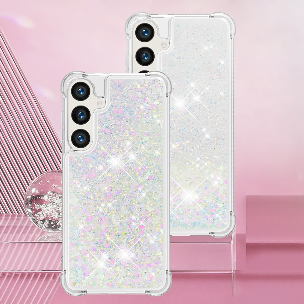 Samsung Galaxy S24 Hardcase Hülle mit Air Cushion Fallschutz Liquid Case Glitzer Herzen - Silber / Transparent