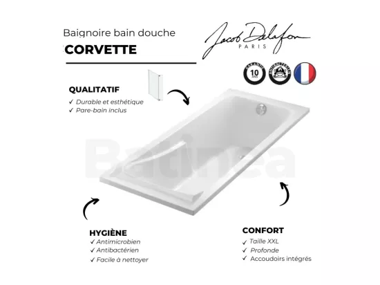 Lot baignoire droite 180 X 80 JACOB DELAFON Corvette + pare-bain 2 volets noir mat