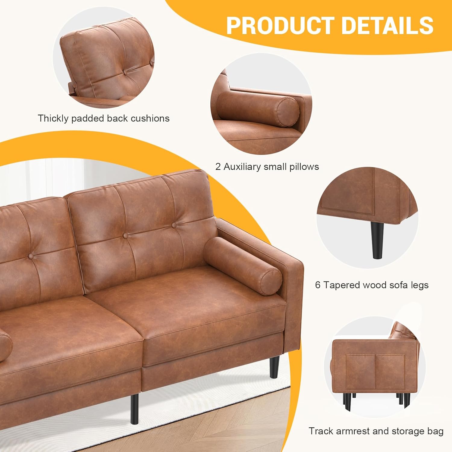 2-Sitzer-Sofa Modern Dick Gepolstert 2 Kissen Komfortables Leder Sofa mit 2 Staufächern für Wohnzimmer Schlafzimmer Büro Einfach zu montieren Klein