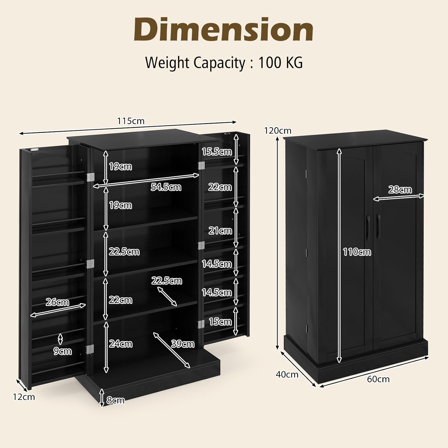 KOMFOTTEU Vorratsschrank mit Doppeltür, Aufbewahrungsschrank mit verstellbaren Einlegeböden, Mehrzweckschrank Süßigkeitenschrank, Küchenanrichte für Esszimmer, 60x40x120 cm (Schwarz)