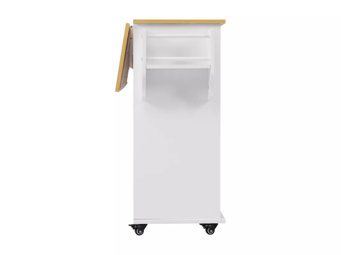 Ilot central de cuisine mobile avec 2 portes coulissantes - plateau extensible - 112x40(70)x94 cm - Bois MDF + métal - Blanc et bois