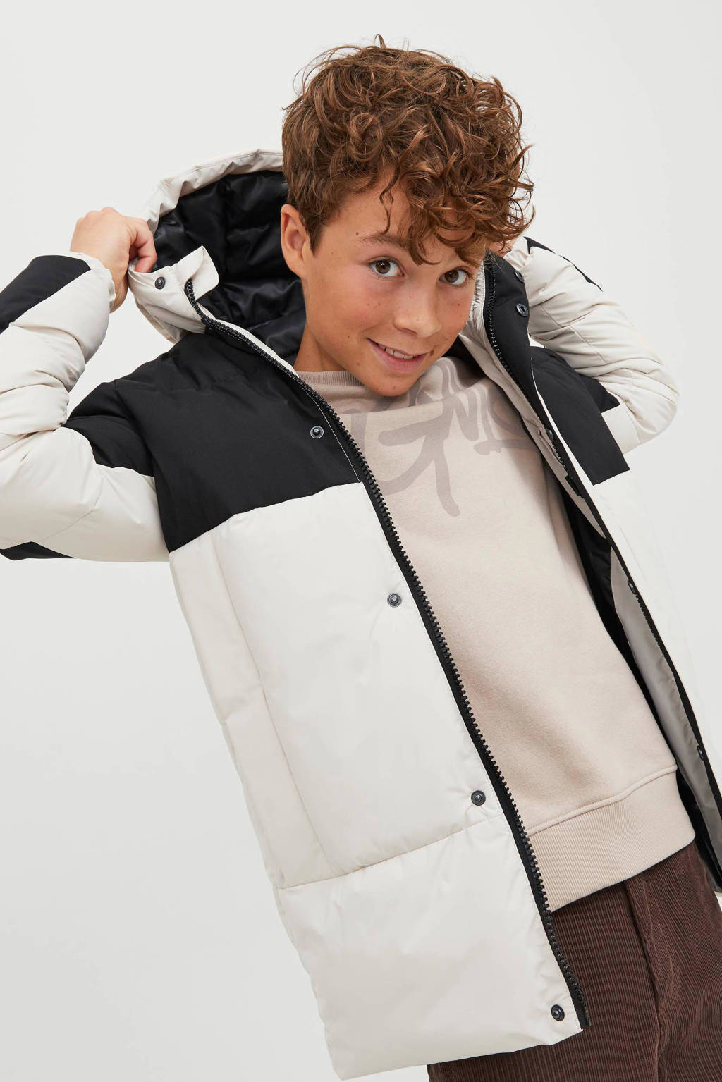 JACK & JONES gewatteerde winterjas JJEFORCE wit/zwart