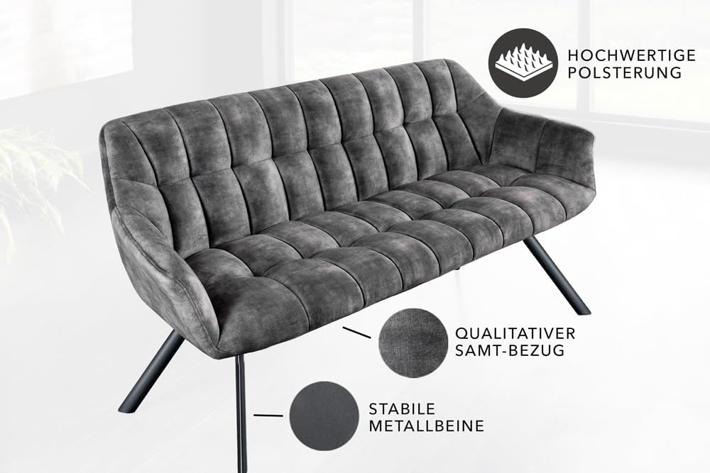 Riess Ambiente Esszimmer Sitzbank Papillon - 165cm - grau schwarz - Samt Metallgestell Rückenlehne Armlehnen Polsterbank Küchenbank Esszimmerbank